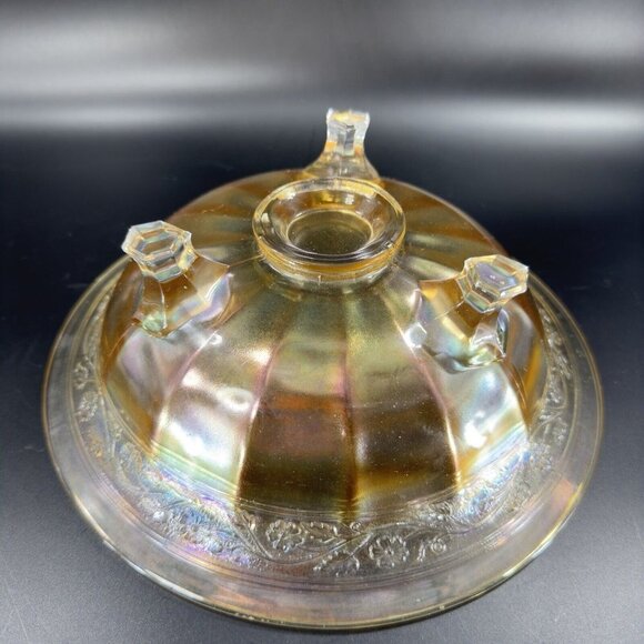 Vintage Marigold Carnival Glass Footed Dish Bowl Iridescent Finish Glass Decor - Picture 13 of 14